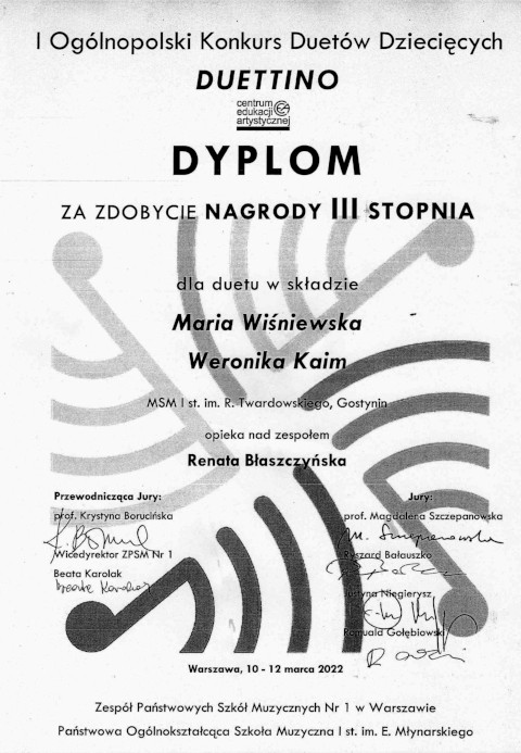 Zdjęcie przedstawia dyplom za zdobycie nagrody III stopnia dla duetu fletowego Maria Wiśniewska i Weronika Kaim